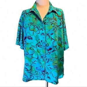 Vintage Button-Up "Big Shirt" / Art-to-Wear Blouse by Tianello • Blue & Green